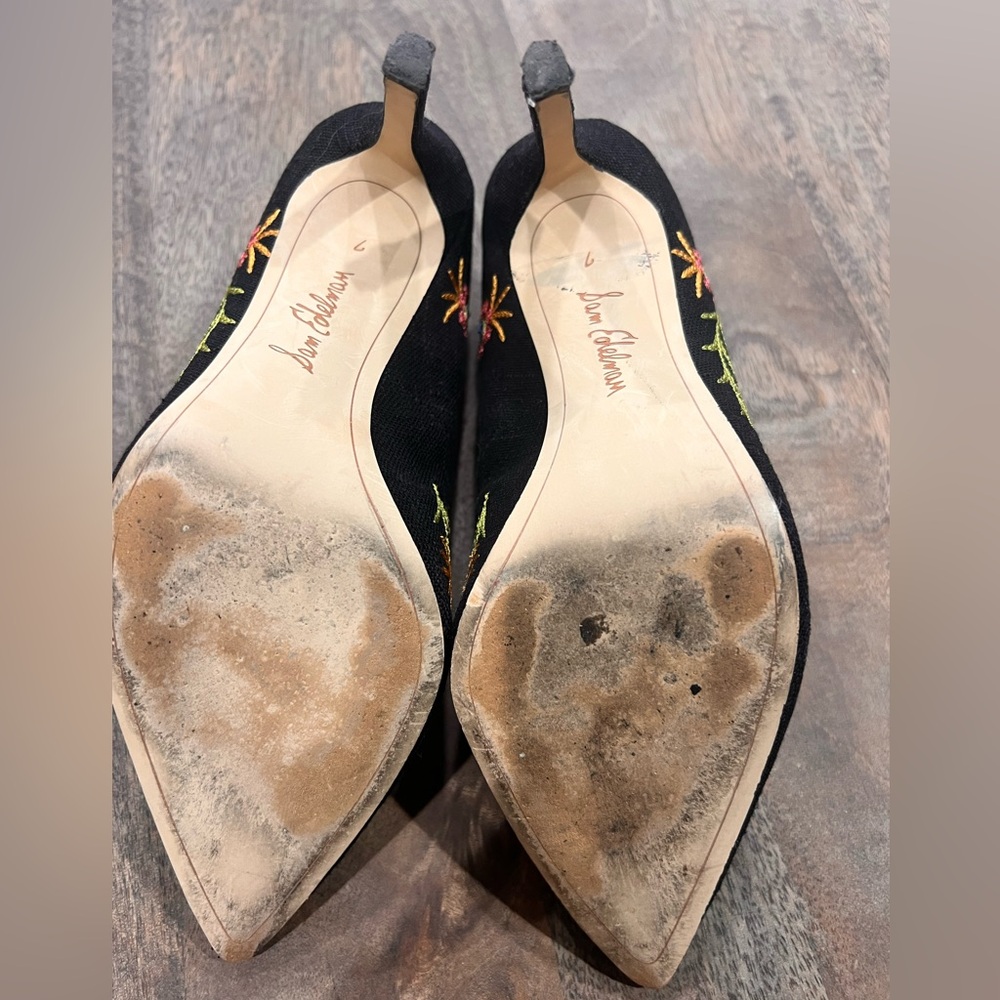 Sam Edelman Black Floral Embroidered Heels Size 7 - Picture 5 of 6